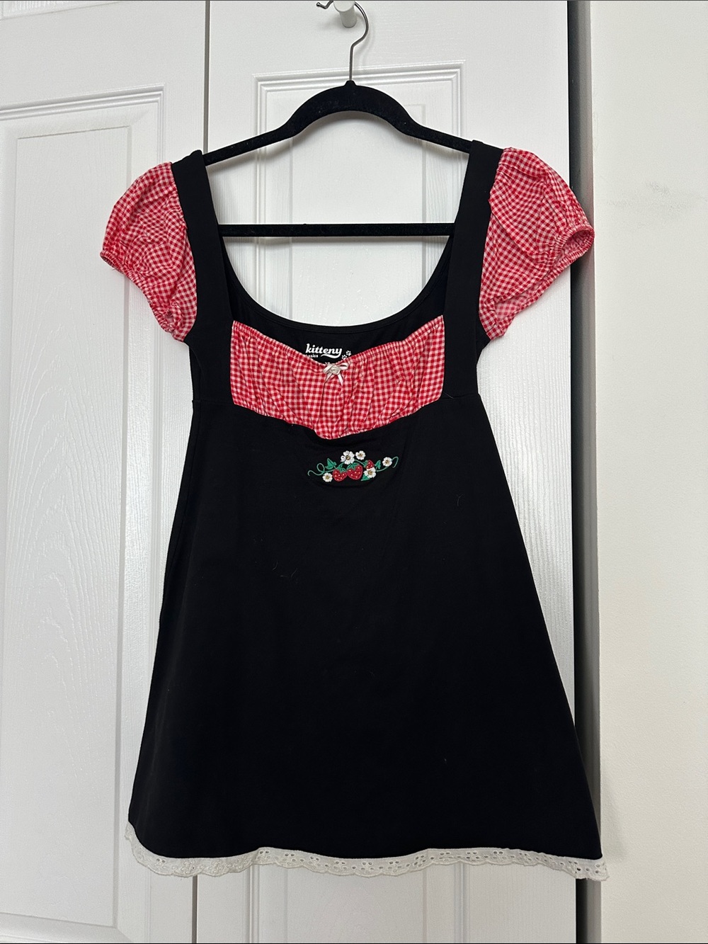 KITTENY BLACK KNIT MINI DRESS SIZE XSMALL HAS RED WHITE CHECK AND STRAWBERRY 🍓